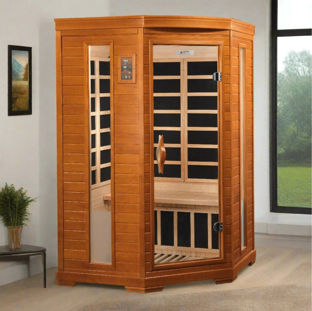 Dynamic "Heming" 2-person Corner Low EMF FAR Infrared Sauna - DYN-6225-02 - three-quarter angle